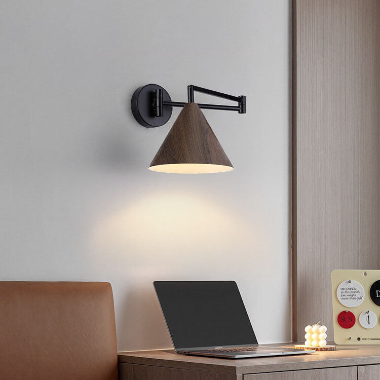 Cone Swing Arm Wall Sconce, Iron, E26, Walnut or Wood, 3000K or 5000K