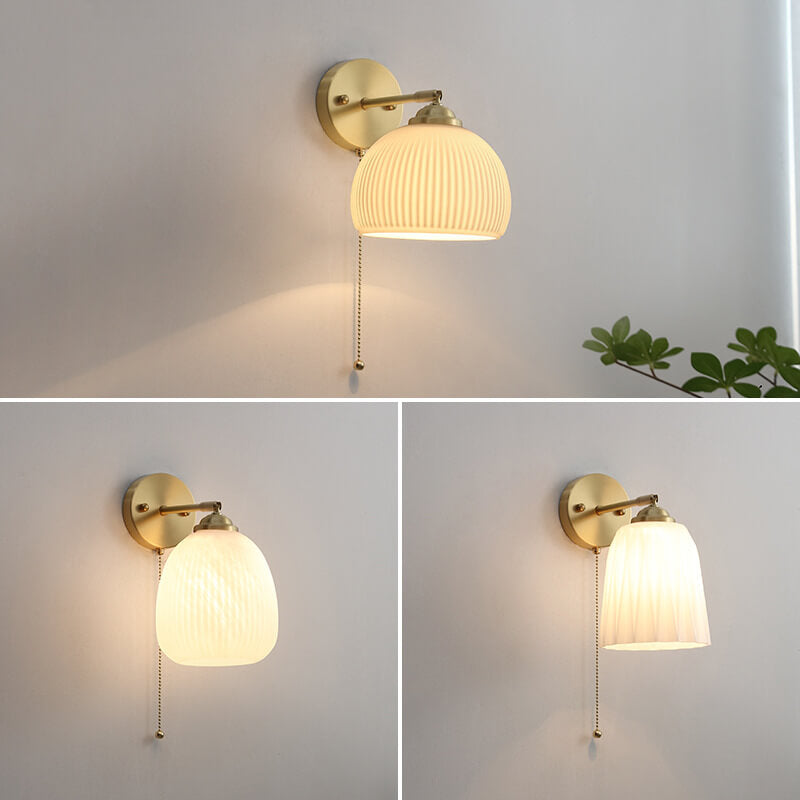 Striped Glass Brass Wall Sconce, Pull Cord, E26, Three Designs, 100-240V