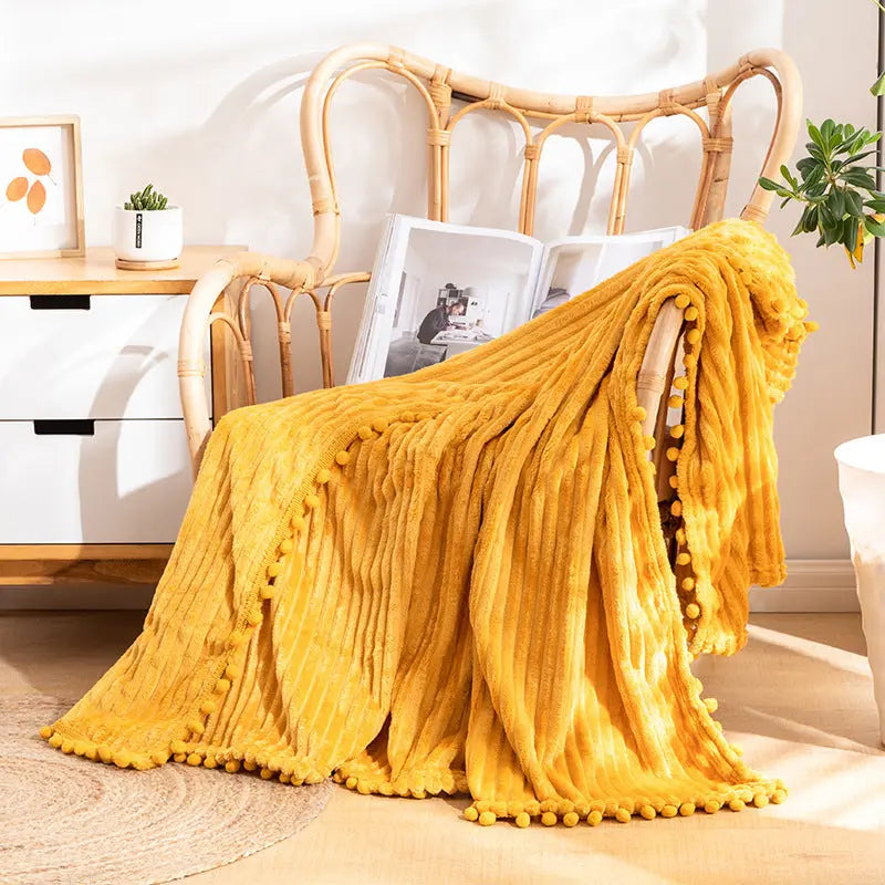 Velvet Pom Fringe Flannel Throw Blanket, Striped
