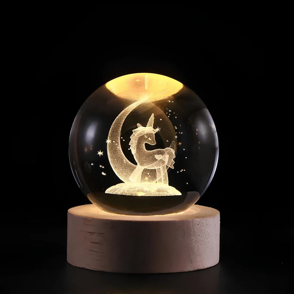 Crystal Ball Lamp, 3D Engraved, Solid Wood and Glass, Warm White LED