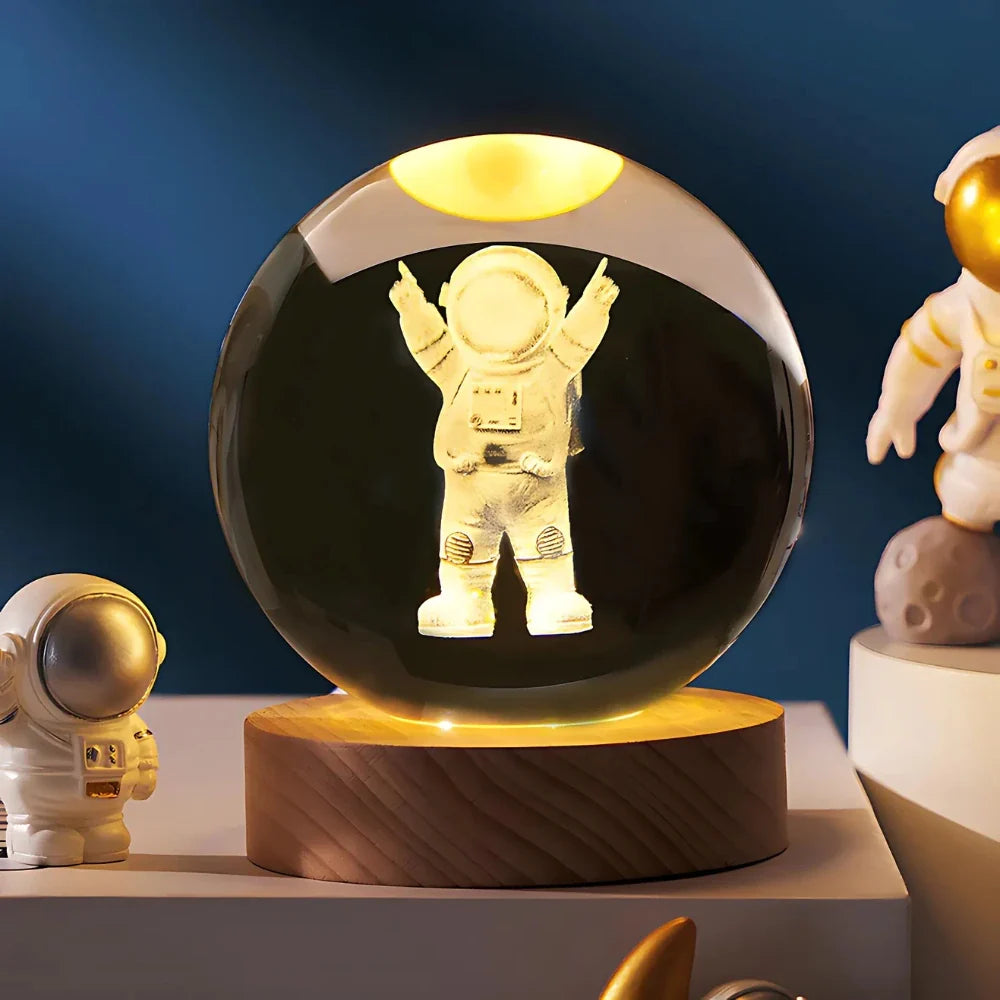 Crystal Ball Lamp, 3D Engraved, Solid Wood and Glass, Warm White LED