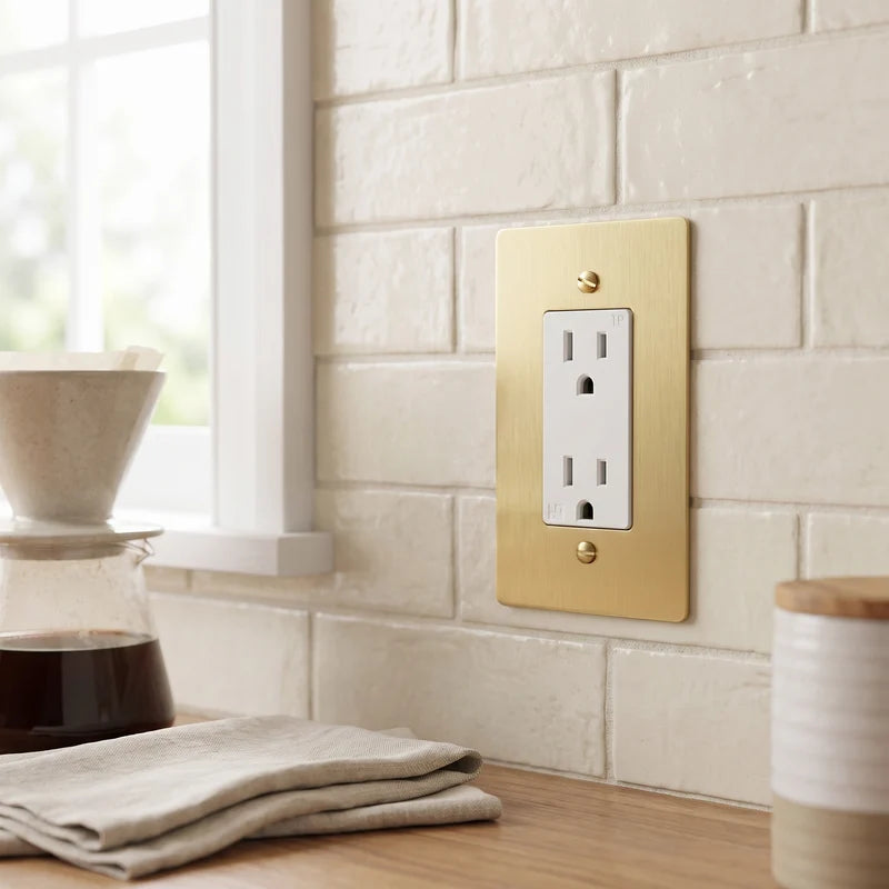 Duplex Wall Outlet, 15A, Solid Brass Panel, UL Listed