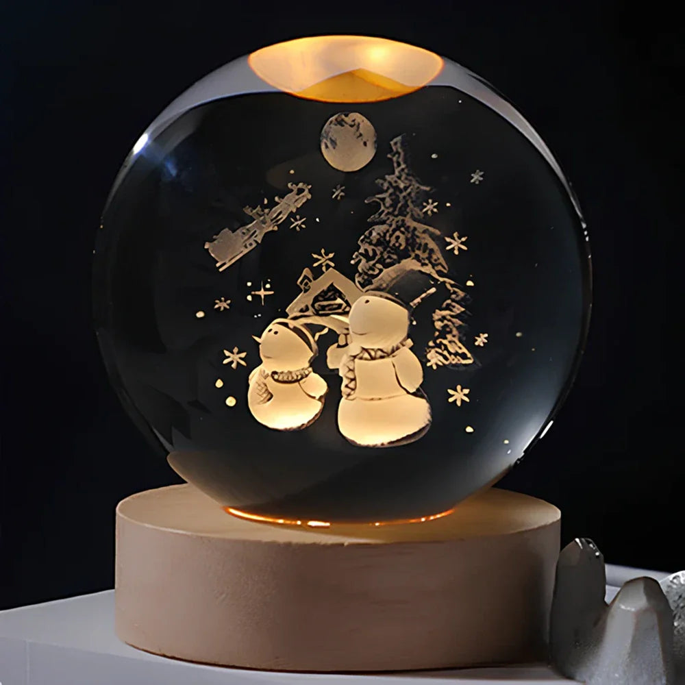 Crystal Ball Lamp, 3D Engraved, Solid Wood and Glass, Warm White LED