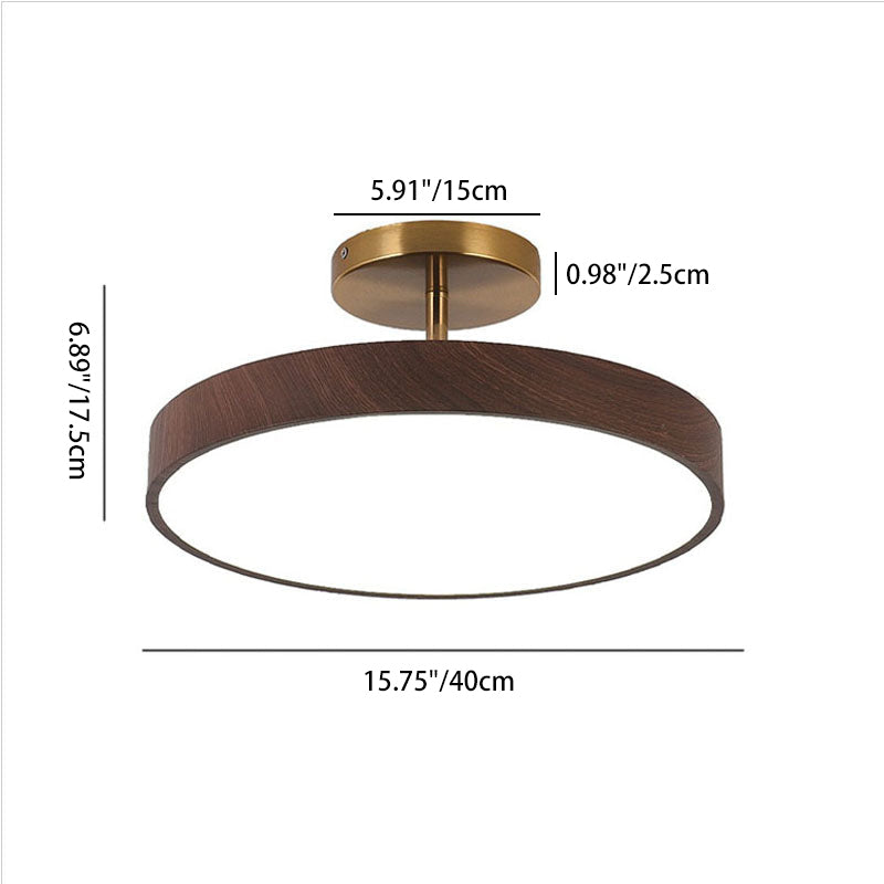 Wood Grain Round LED Semi-Flush Mount, Iron, Three Sizes, 3000K or Dimmable