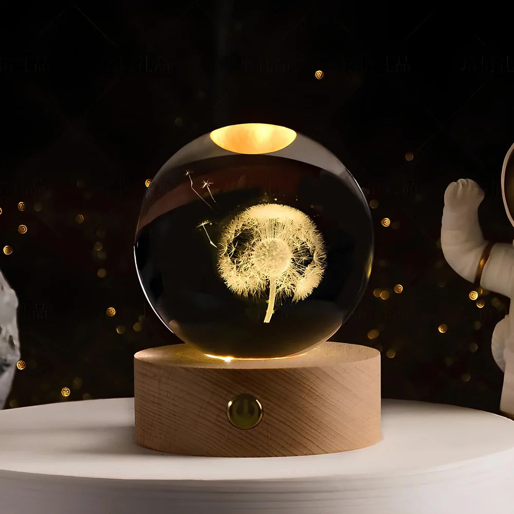 Crystal Ball Lamp, 3D Engraved, Solid Wood and Glass, Warm White LED