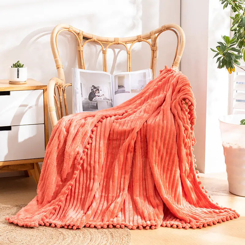Velvet Pom Fringe Flannel Throw Blanket, Striped