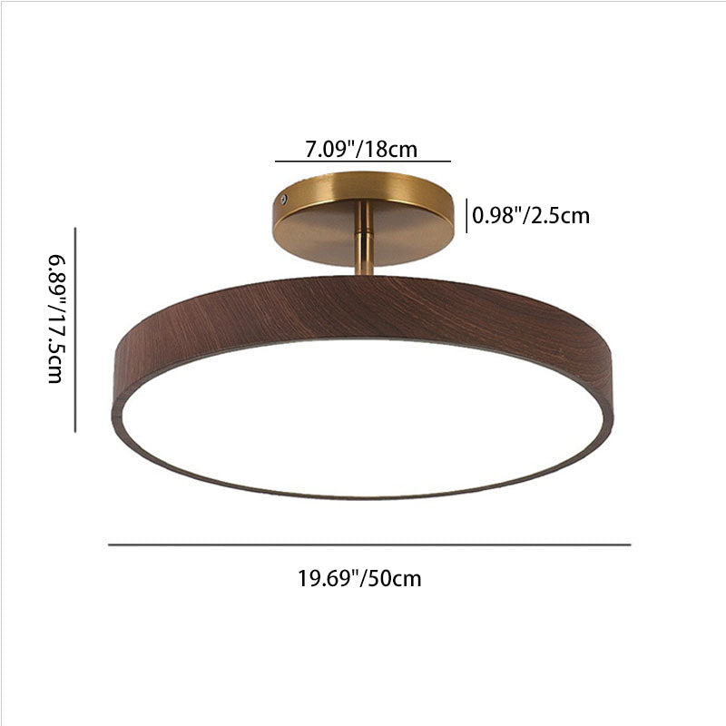 Wood Grain Round LED Semi-Flush Mount, Iron, Three Sizes, 3000K or Dimmable