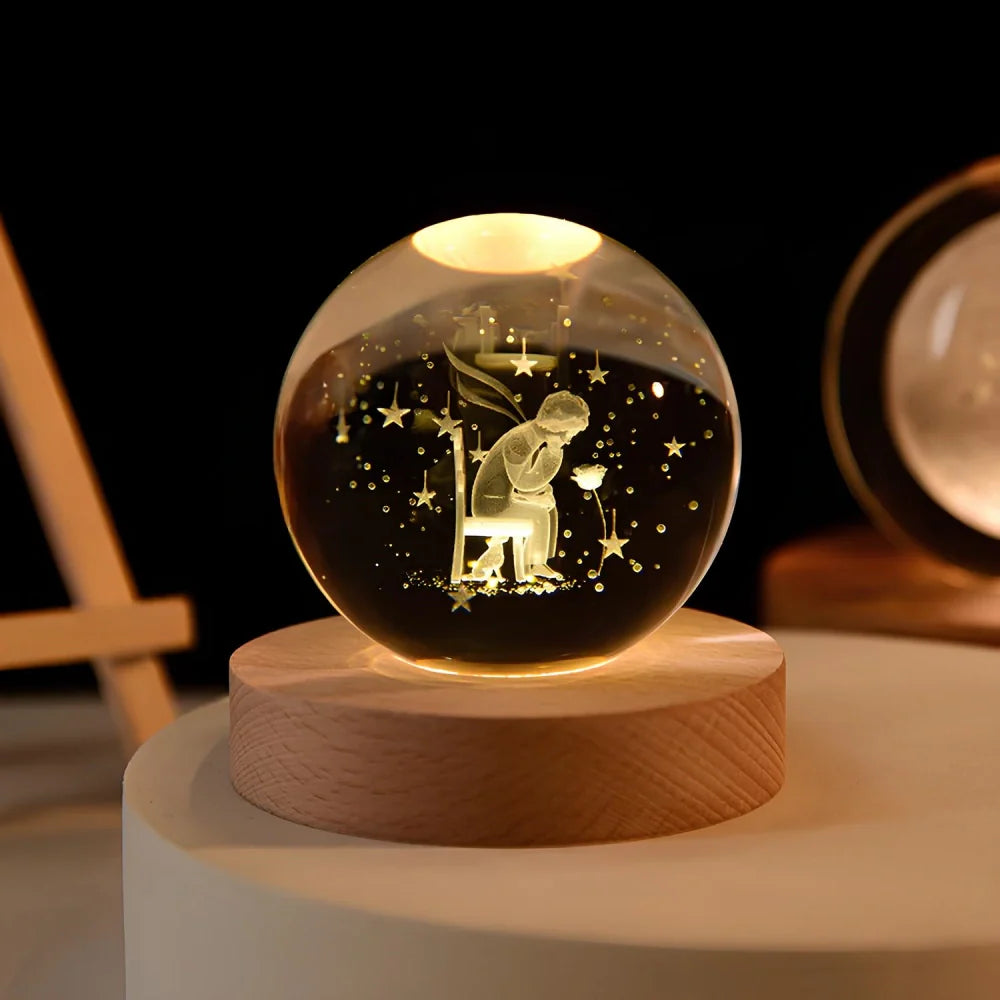 Crystal Ball Lamp, 3D Engraved, Solid Wood and Glass, Warm White LED