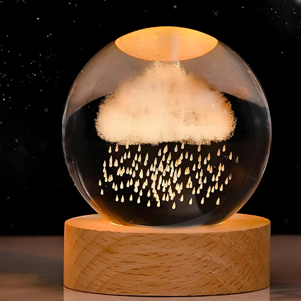 Crystal Ball Lamp, 3D Engraved, Solid Wood and Glass, Warm White LED