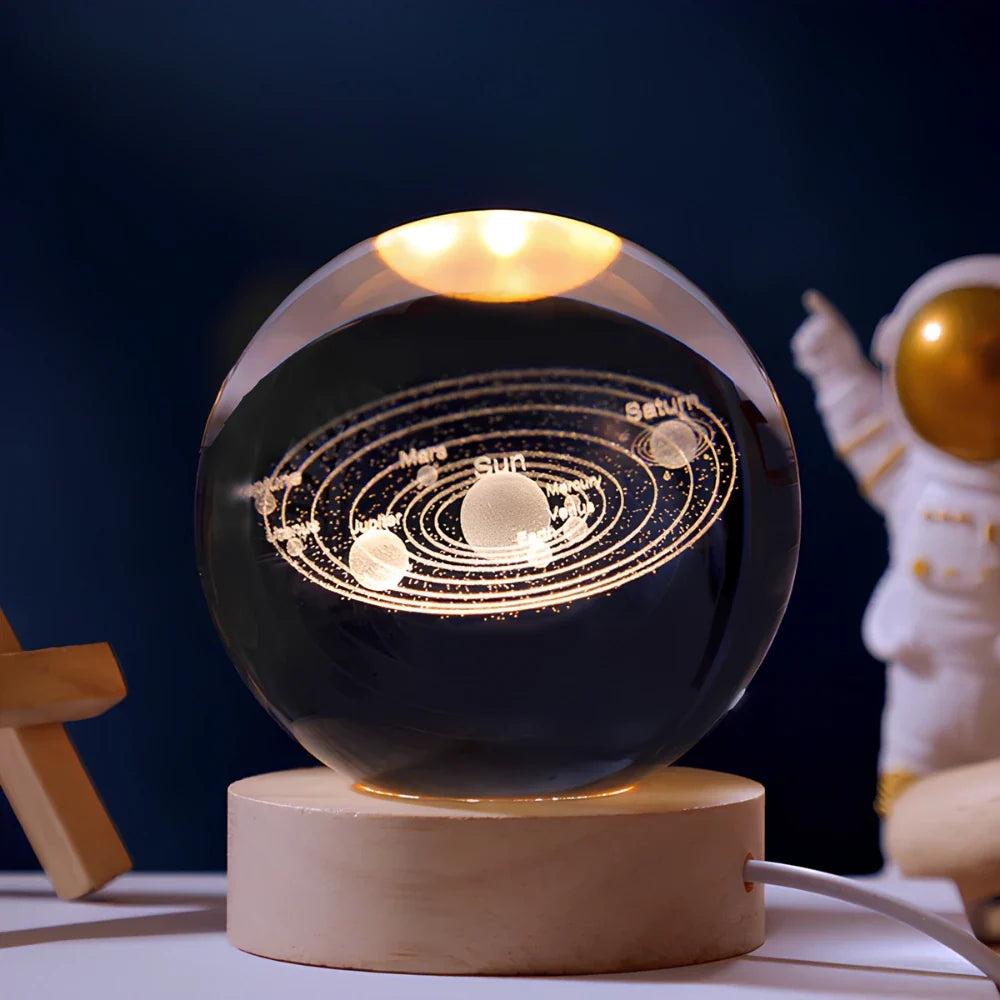 Crystal Ball Lamp, 3D Engraved, Solid Wood and Glass, Warm White LED