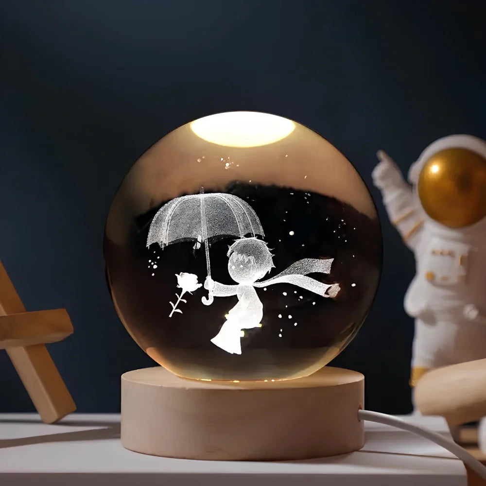 Crystal Ball Lamp, 3D Engraved, Solid Wood and Glass, Warm White LED