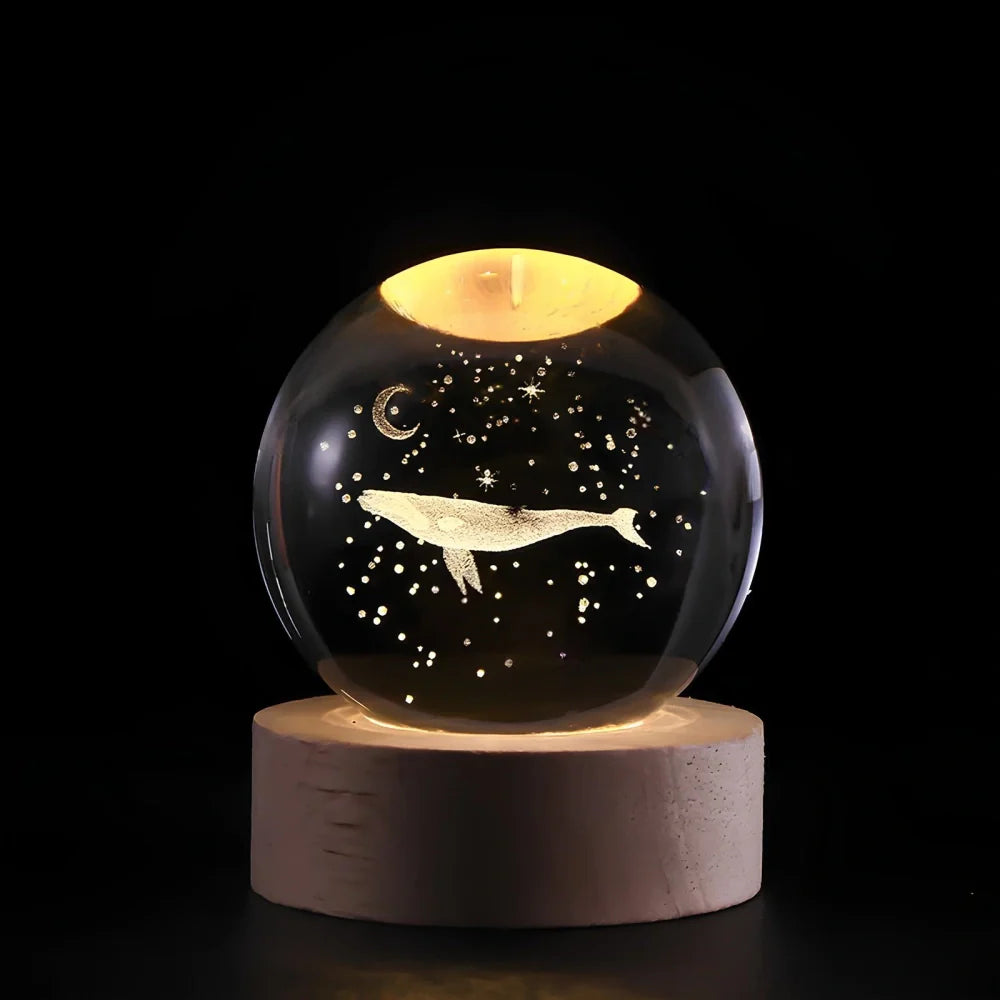 Crystal Ball Lamp, 3D Engraved, Solid Wood and Glass, Warm White LED
