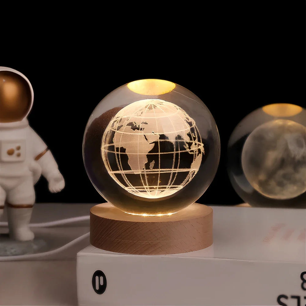 Crystal Ball Lamp, 3D Engraved, Solid Wood and Glass, Warm White LED