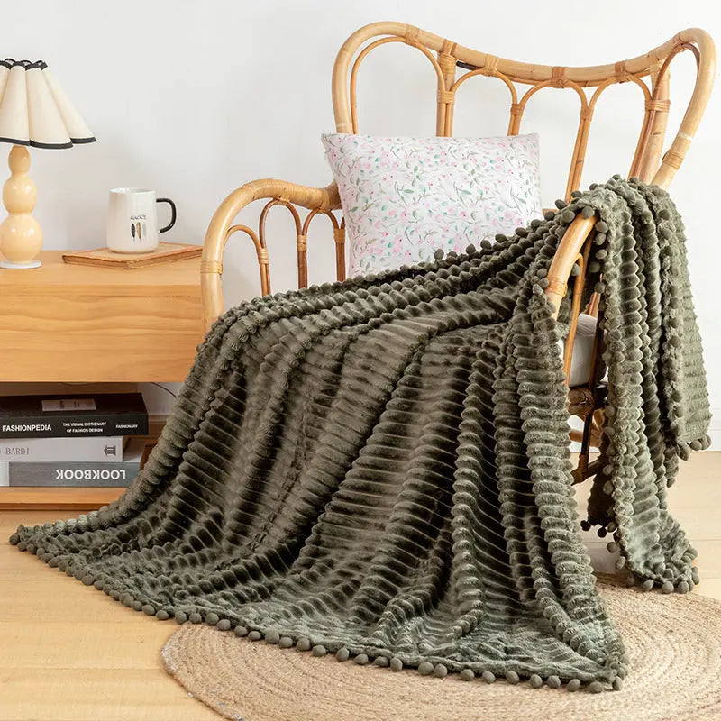 Velvet Pom Fringe Flannel Throw Blanket, Striped
