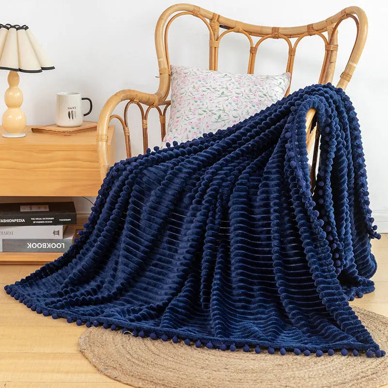 Velvet Pom Fringe Flannel Throw Blanket, Striped
