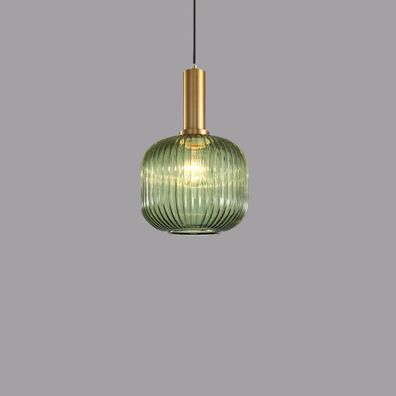 Striped Glass Lantern Pendant, E26, Three Designs, Green Amber Gray