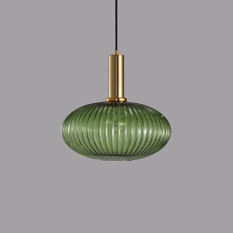 Striped Glass Lantern Pendant, E26, Three Designs, Green Amber Gray