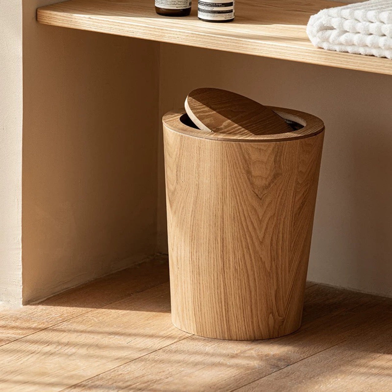 Timber-Style Rotating Waste Bin, Wood Grain, 360° Lid, 12'' x 9.5''