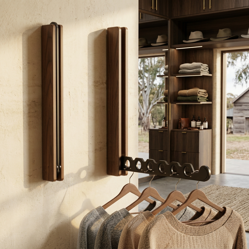 Timber Collapsible Hanger Rail, 27 cm Arm, Folds Flush, Wall Mounted