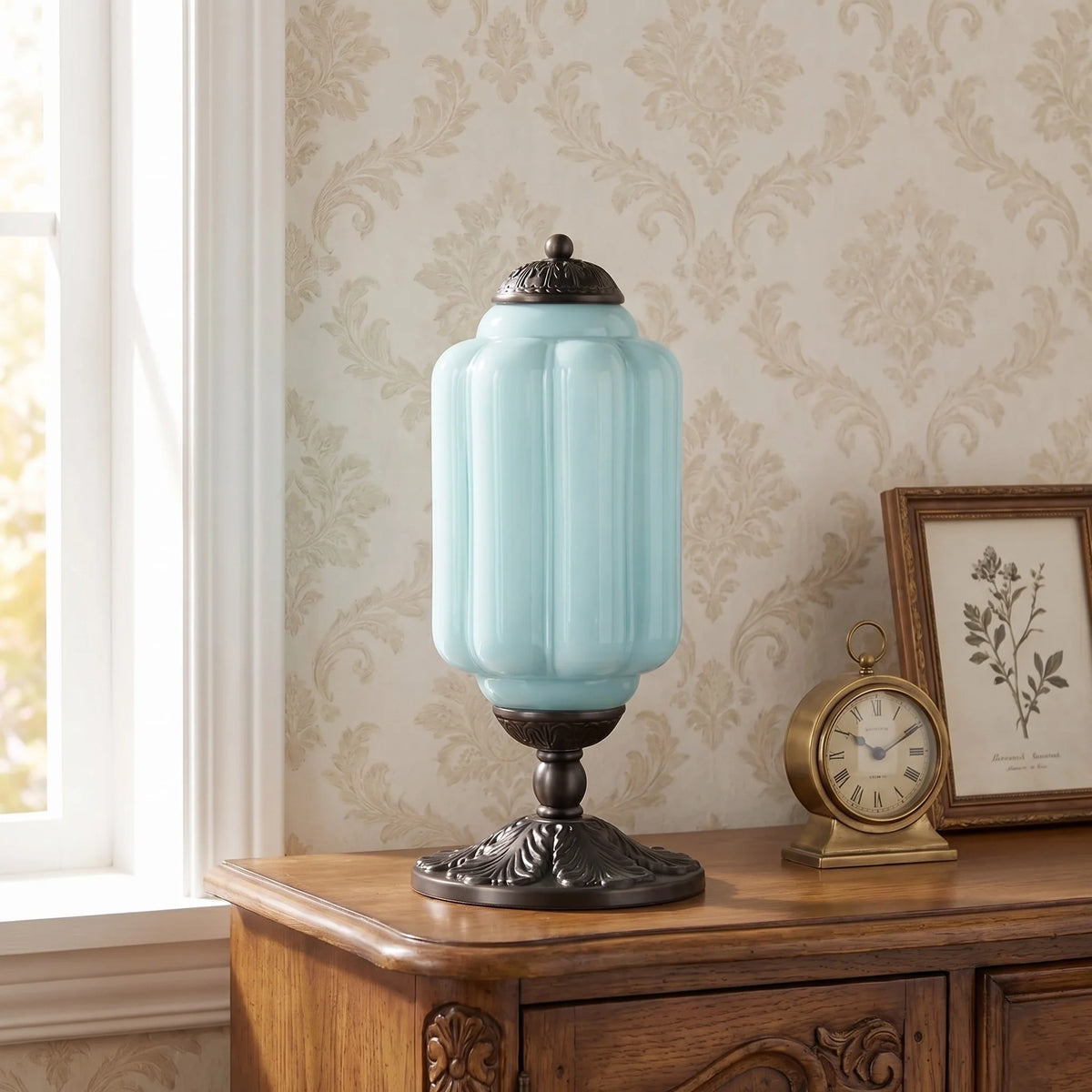 French Retro Cream Glass Table Lamp, Brass Base
