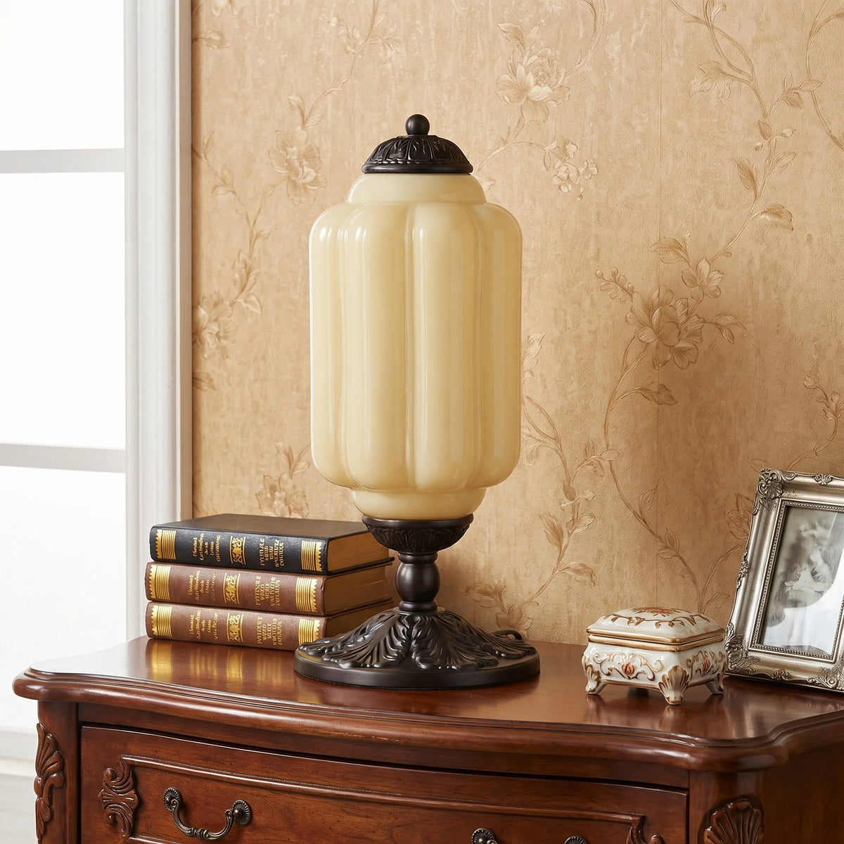 French Retro Cream Glass Table Lamp, Brass Base