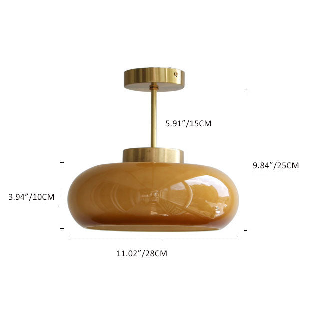 Vintage Brass Yellow Glass Semi-Flush Ceiling Light, E26, 28cm, Hardwired