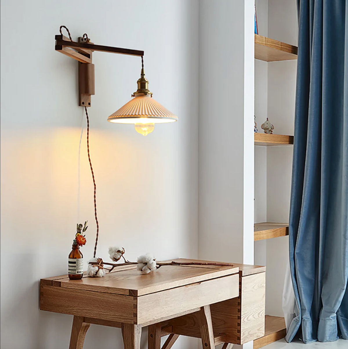 Runa Adjustable Wood Wall Light, Ceramic Shade