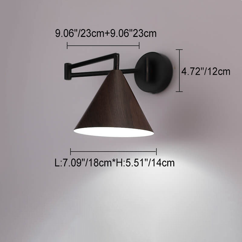 Cone Swing Arm Wall Sconce, Iron, E26, Walnut or Wood, 3000K or 5000K