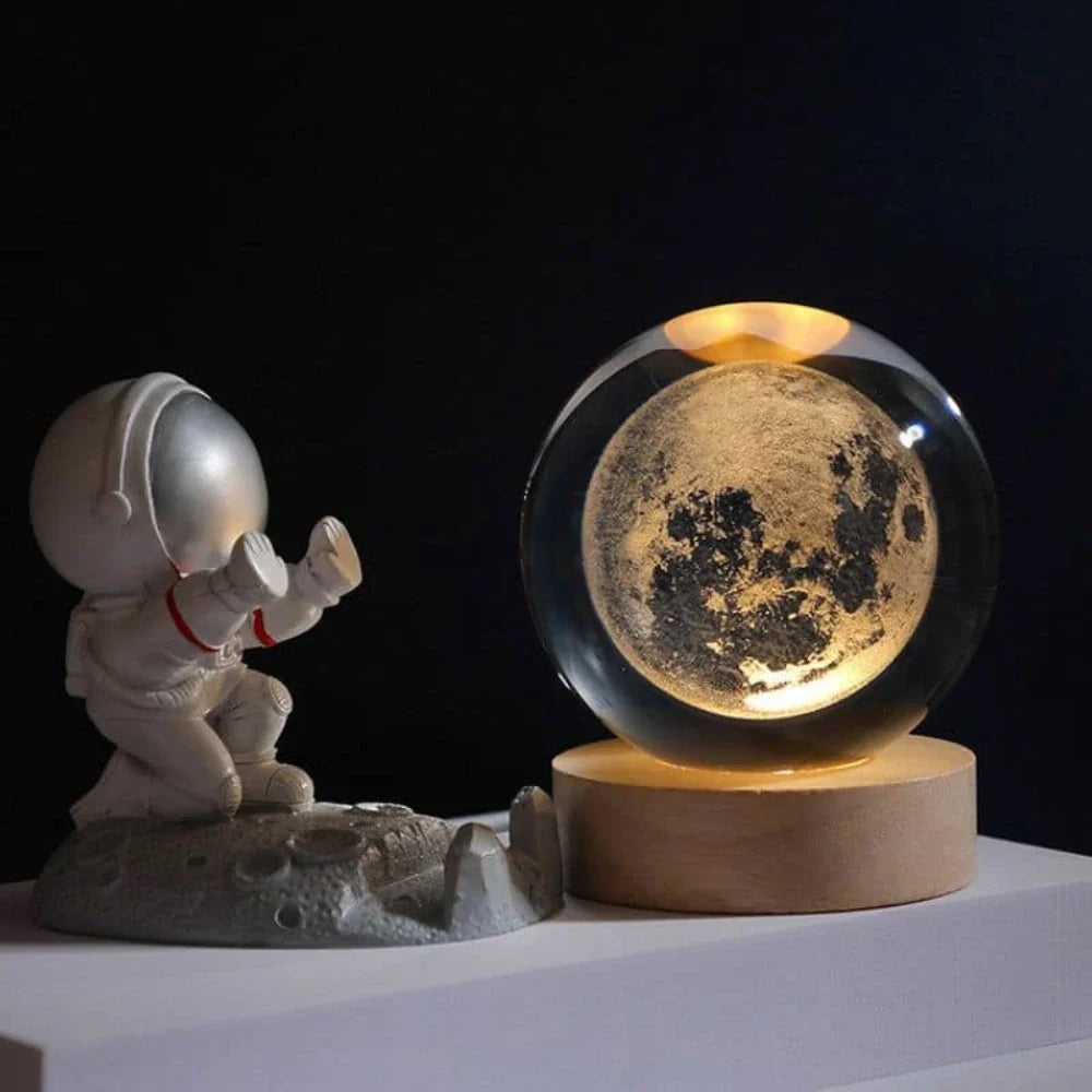 Crystal Ball Lamp, 3D Engraved, Solid Wood and Glass, Warm White LED