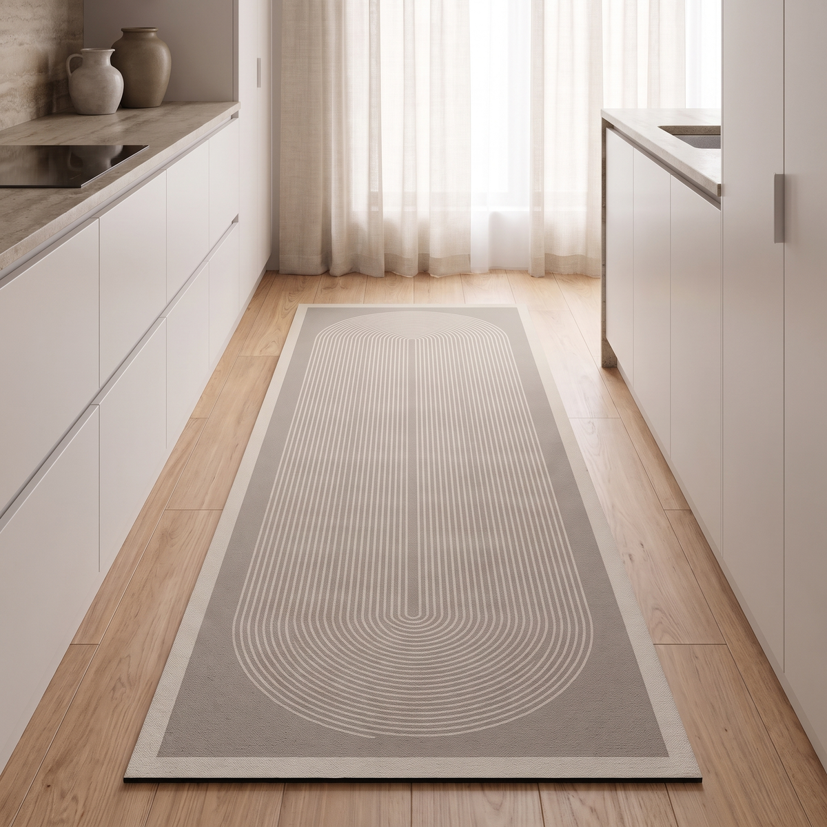 Arch design runner along a galley kitchen counter