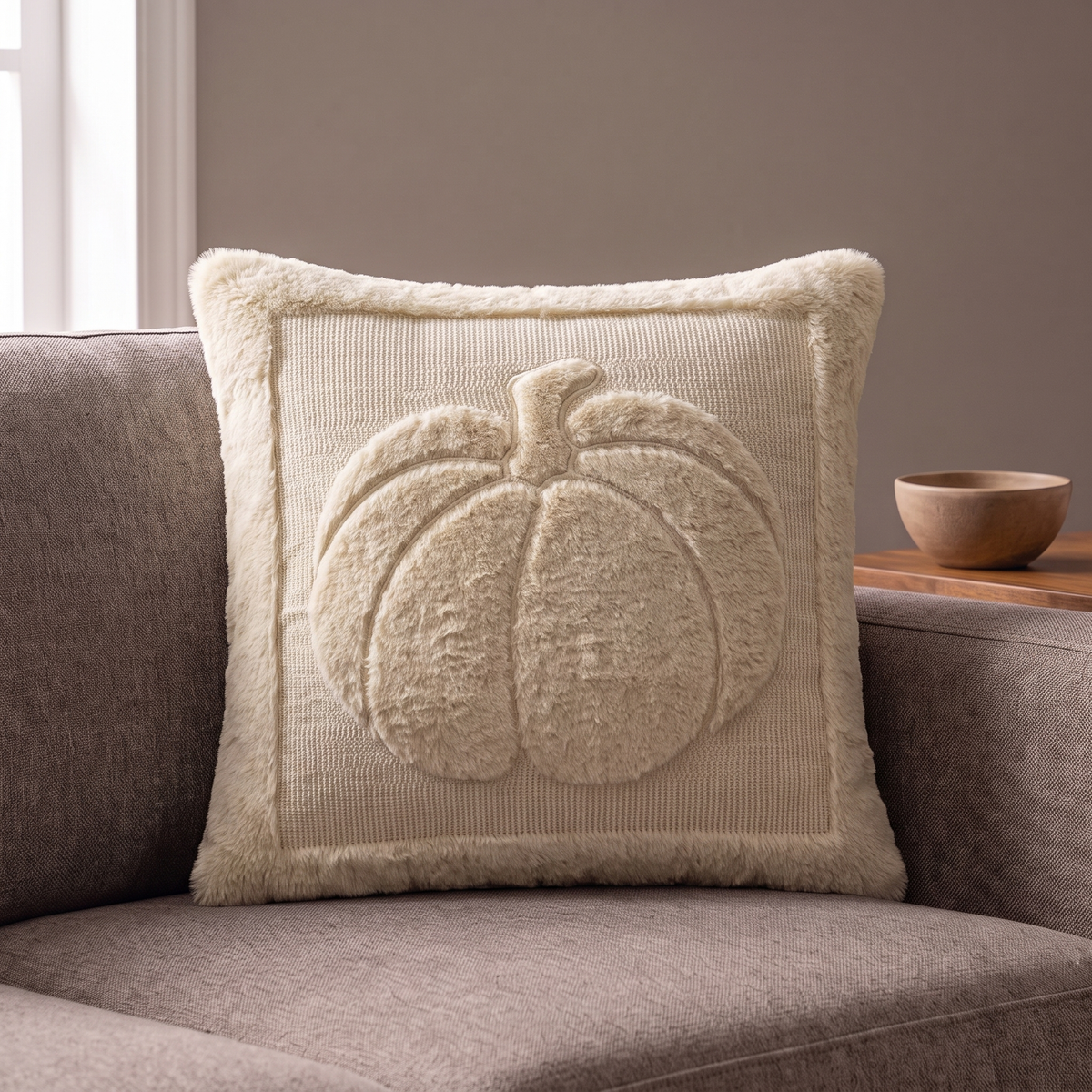 Agnes pillow cover in cream with a raised pumpkin on a warm gray sofa