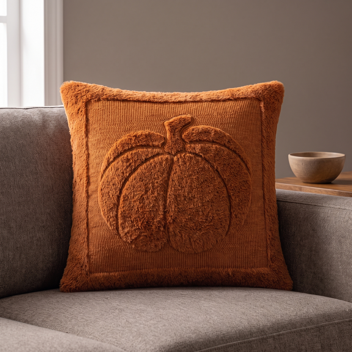 Agnes pillow cover in rust with a raised pumpkin on a warm gray sofa