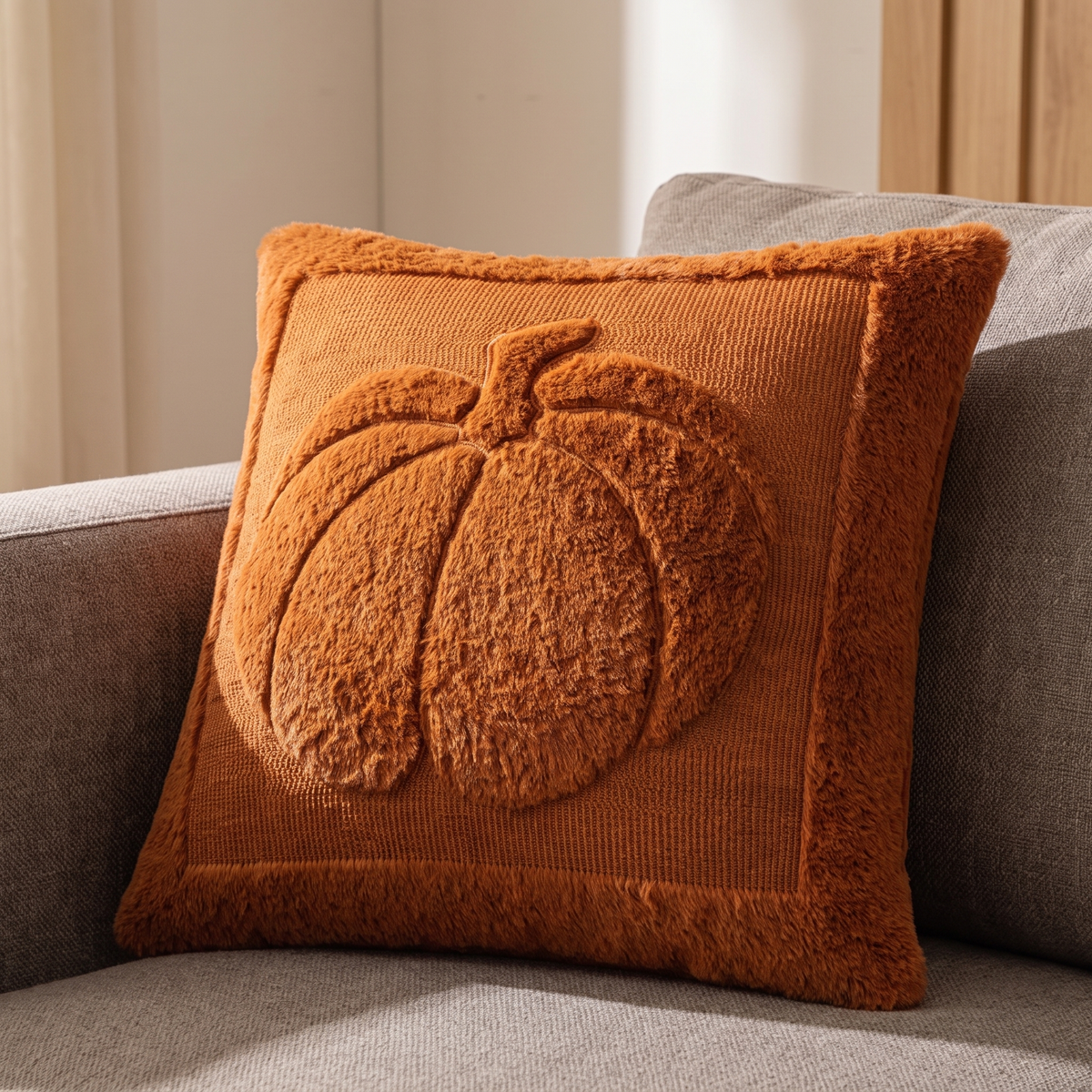 Close view of the raised pumpkin and border on the rust Agnes pillow cover