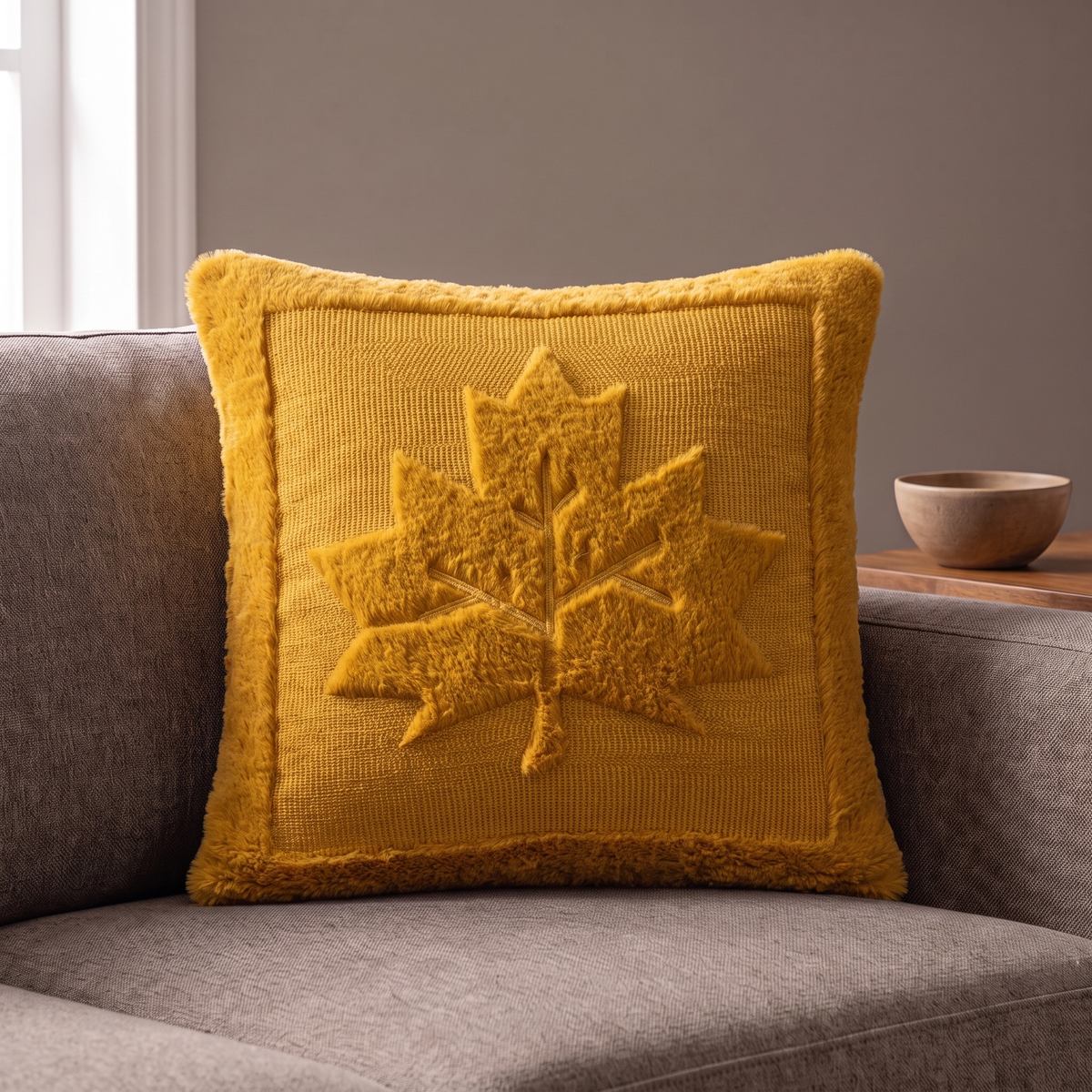 Agnes pillow cover in mustard with a raised maple leaf on a warm gray sofa