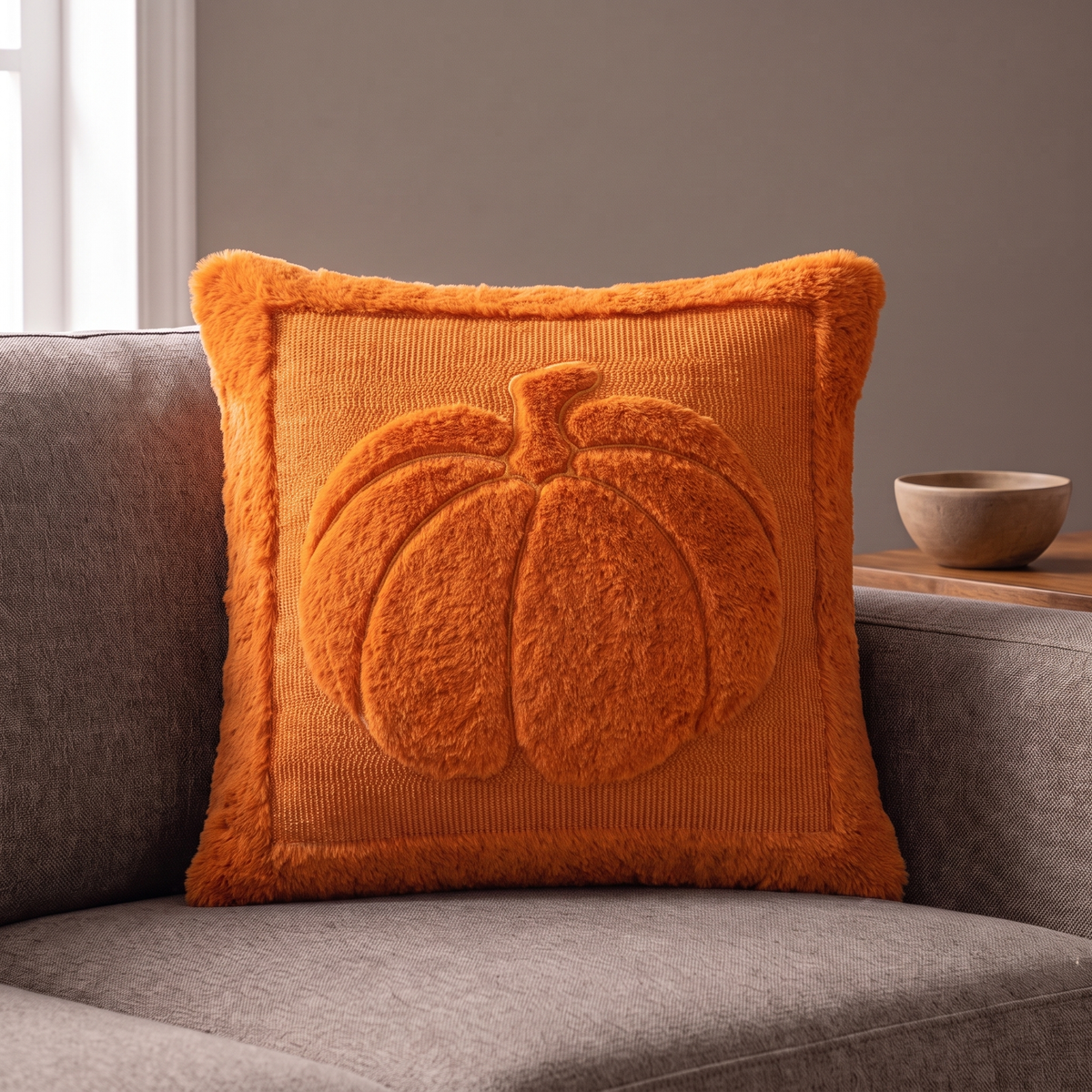 Agnes pillow cover in orange with a raised pumpkin on a warm gray sofa