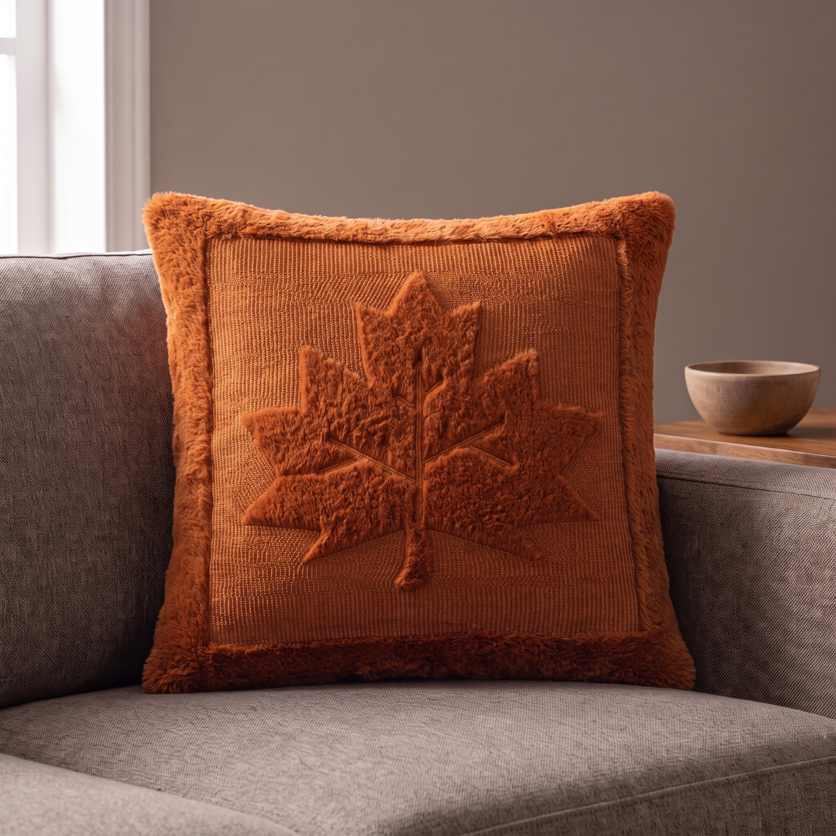 Agnes pillow cover in rust with a raised maple leaf on a warm gray sofa