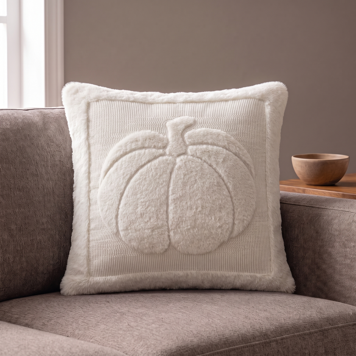 Agnes pillow cover in white with a raised pumpkin on a warm gray sofa