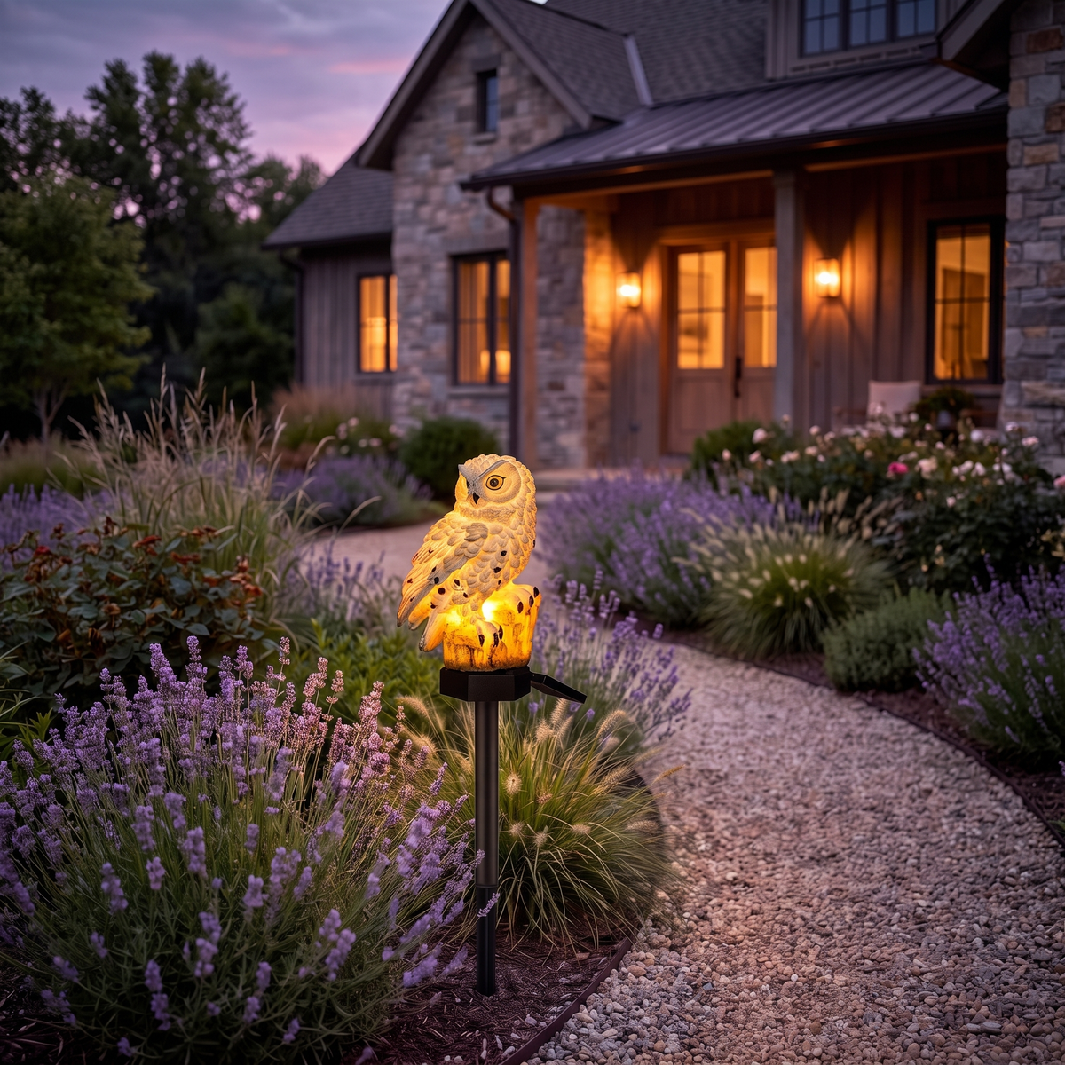 Alta solar owl light glowing beside a garden path at dusk