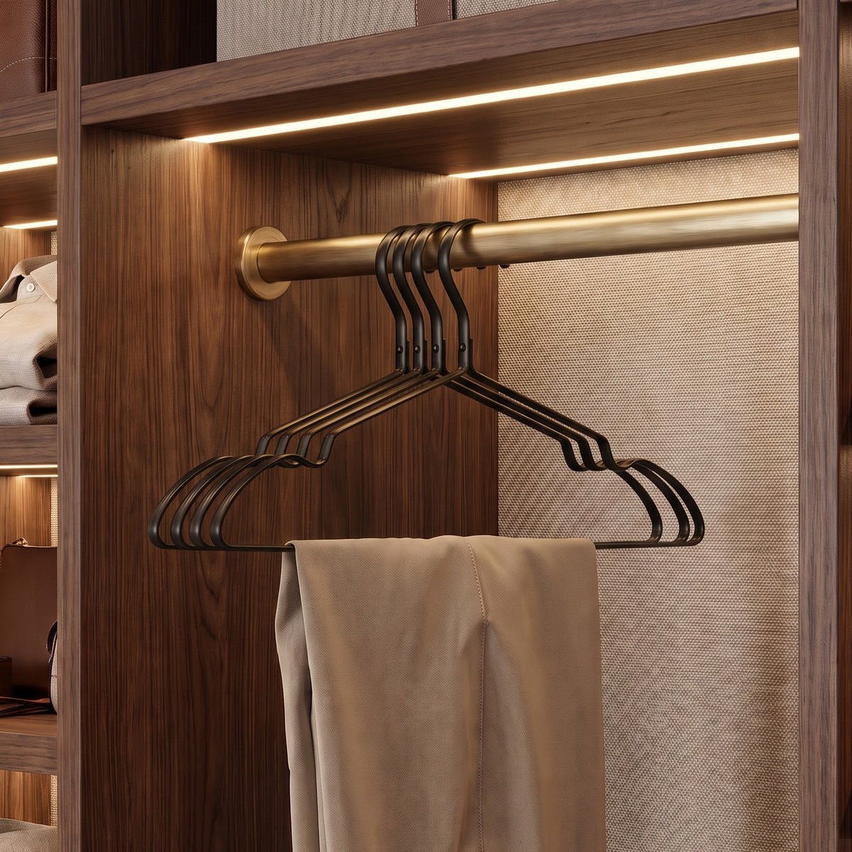Four black aluminum clothes hangers on a brass rod holding trousers in a walnut closet