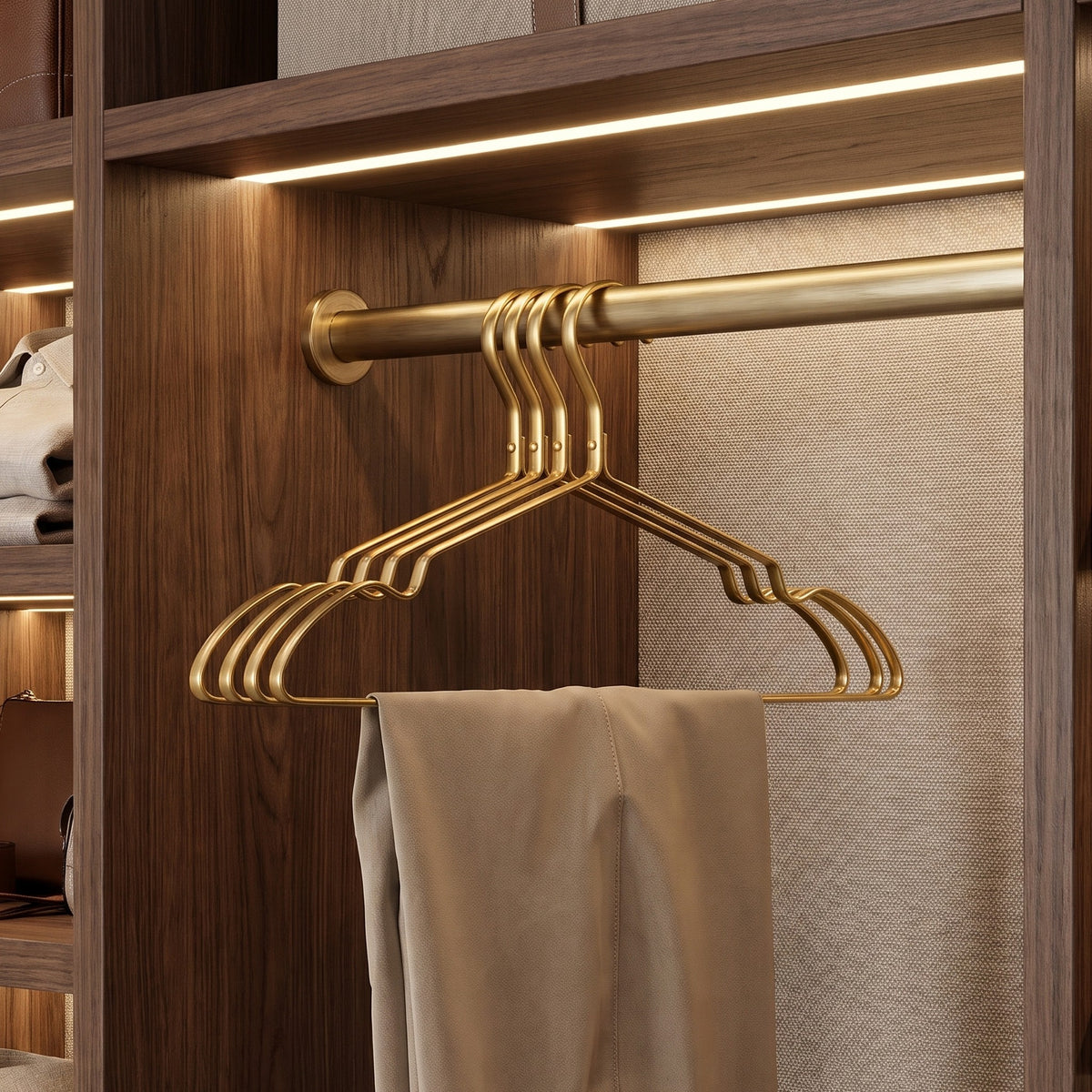 Four gold aluminum clothes hangers on a brass rod holding trousers in a walnut closet