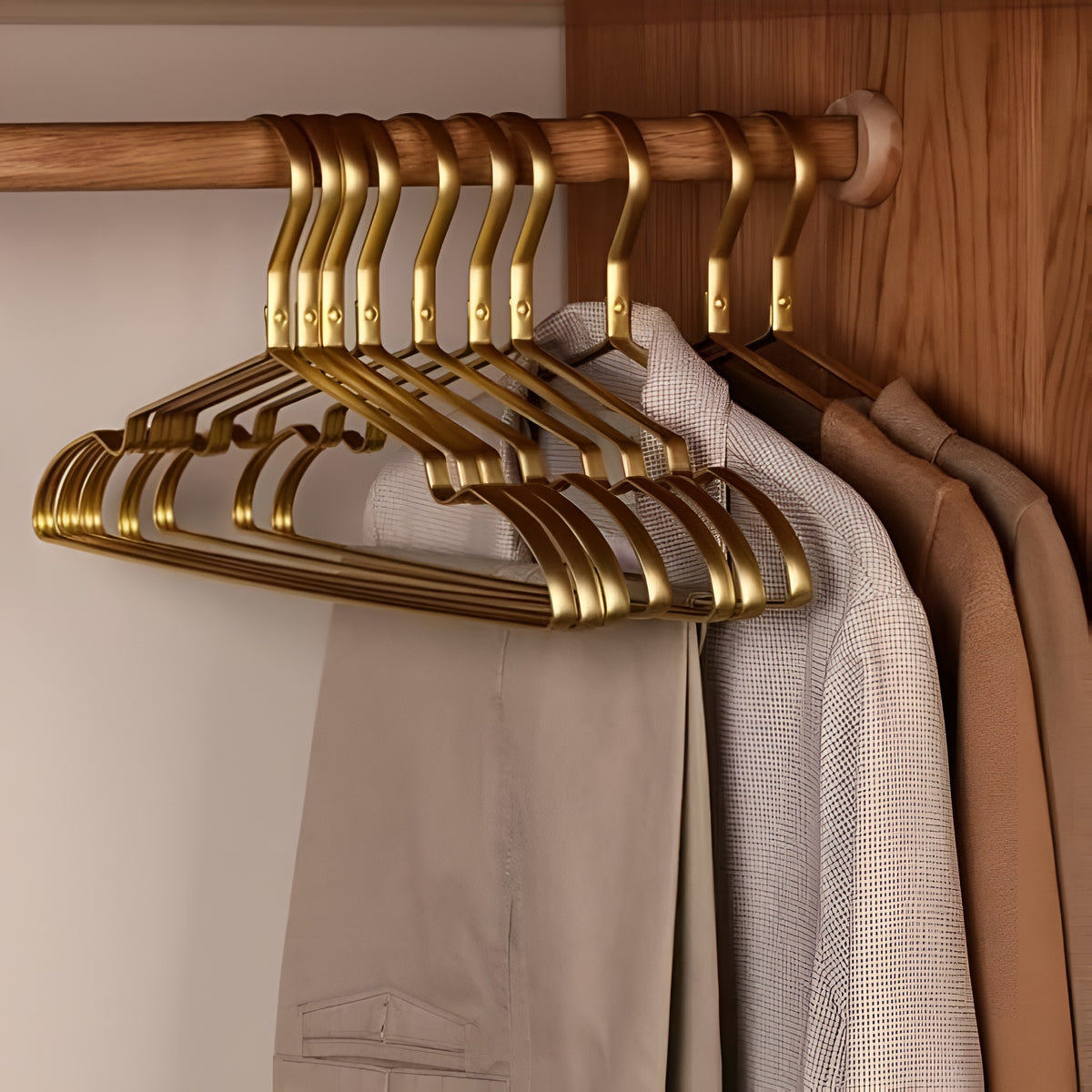 Gold aluminum clothes hangers with shirts and trousers on a wooden closet rod