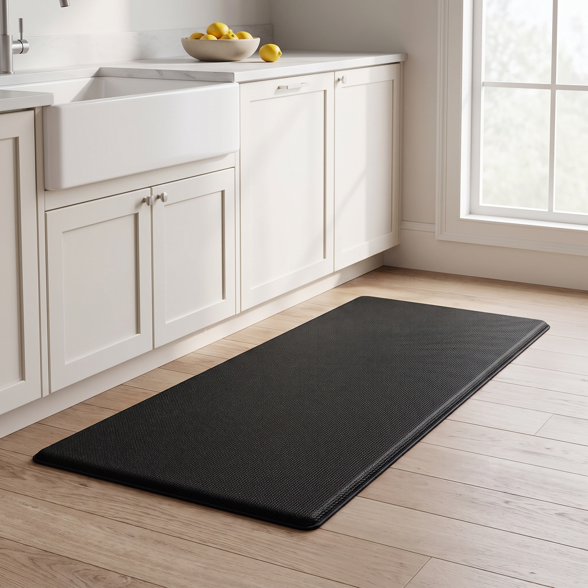 Black anti fatigue mat in front of a white kitchen sink