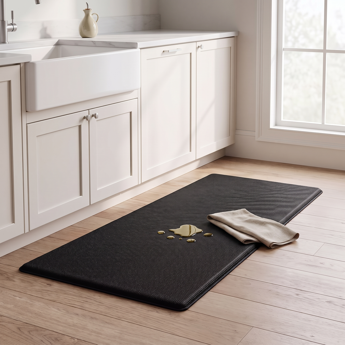 Black cushioned mat with spilled oil beside a folded cloth