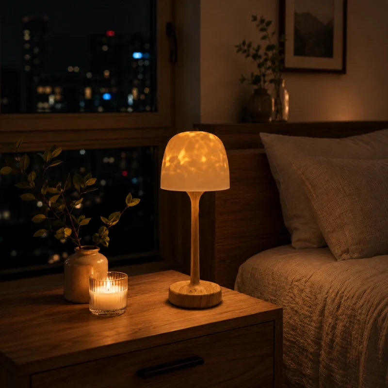 Arvika lamp with frosted shade on a bedroom nightstand