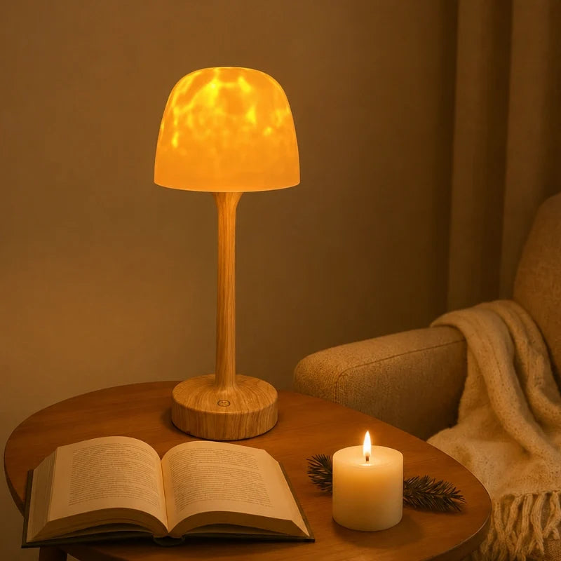 Arvika lamp glowing amber beside an open book