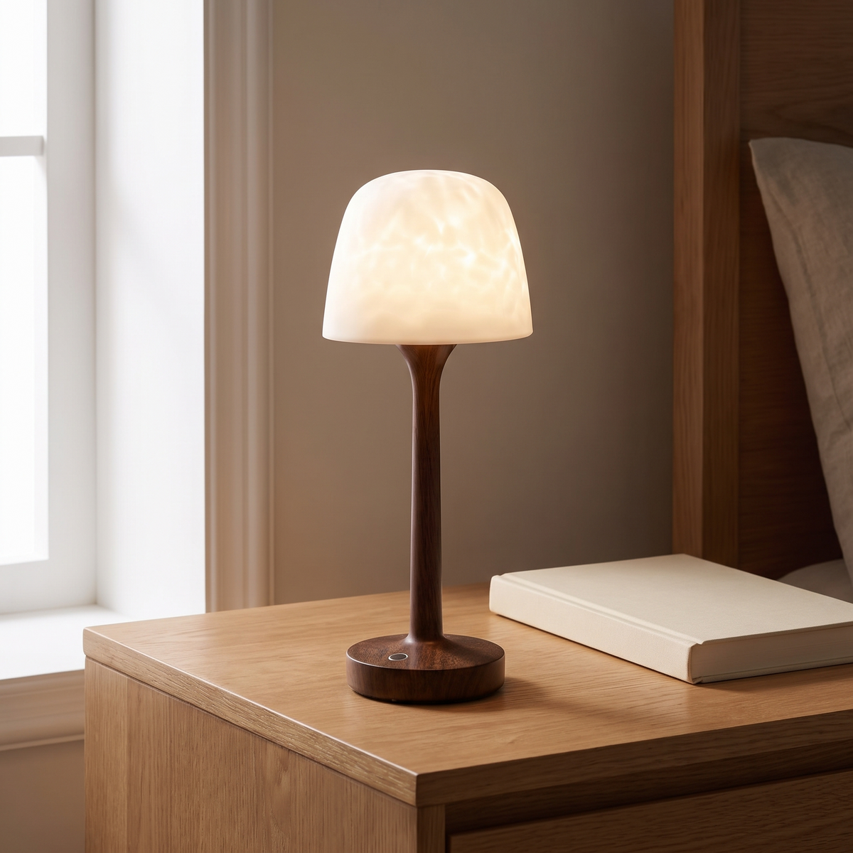 Arvika table lamp with frosted shade on an oak nightstand