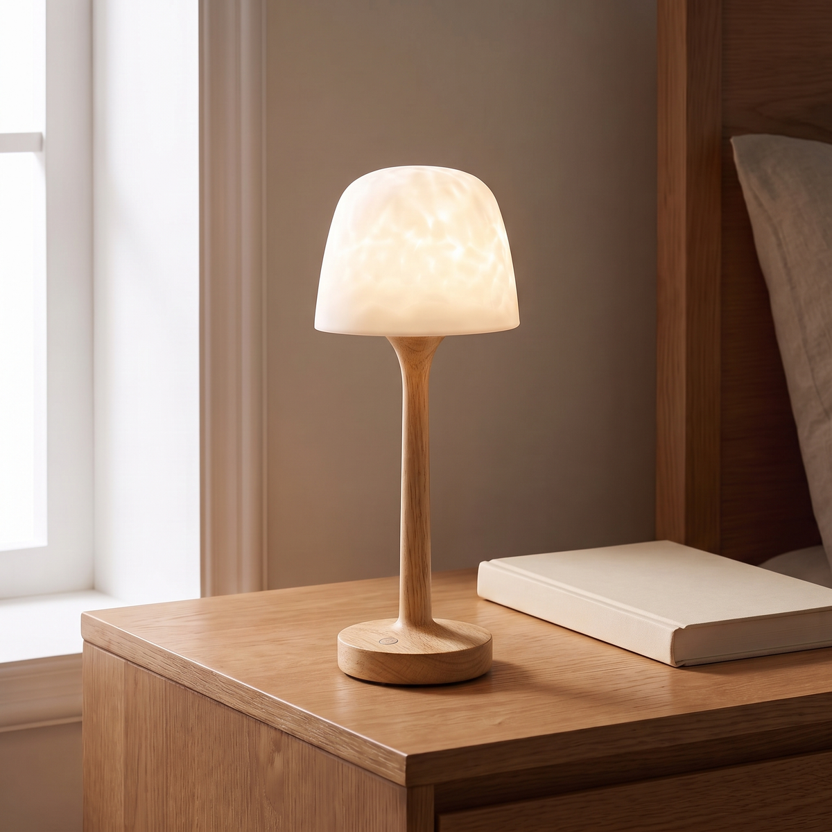 Arvika table lamp with an oak finish base