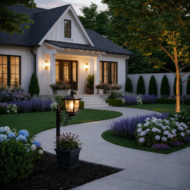 Askim lantern planter in a front garden bed at dusk