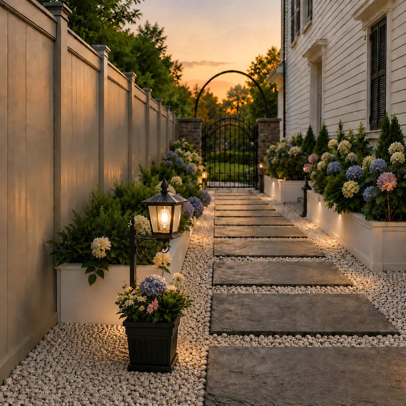 Askim lantern planter along a walled side path at dusk