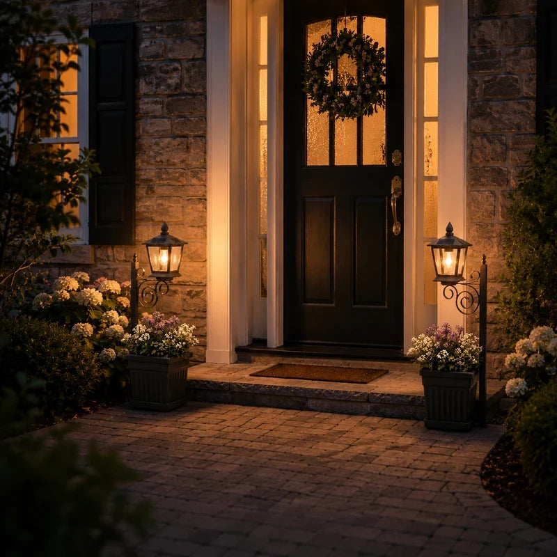 Pair of Askim lantern planters flanking a front door at night